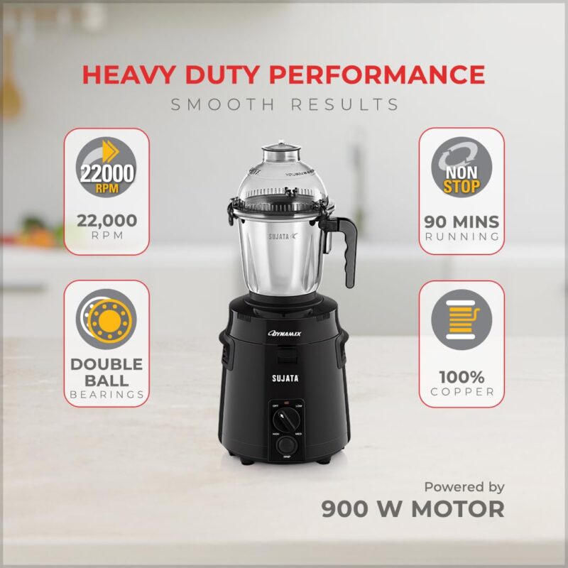 Sujata Dynamix Mixer Grinder|900 Watts Double Ball Bearing Motor|22000 RPM|Non-Stop 90 Mins Running|3 Food Grade Steel Jars - 1500ml Multipurpose, 1000ml Grinder, 500ml Chutney Jar|Black - Image 3