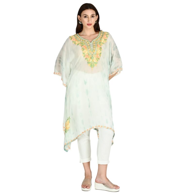 TVAREETAZ Women Kashmiri Shibori Georgette Kaftan, Printed Pattern, Lightweight Fabric, Free Size, Relaxed Fit (TAZ110) Multicolour