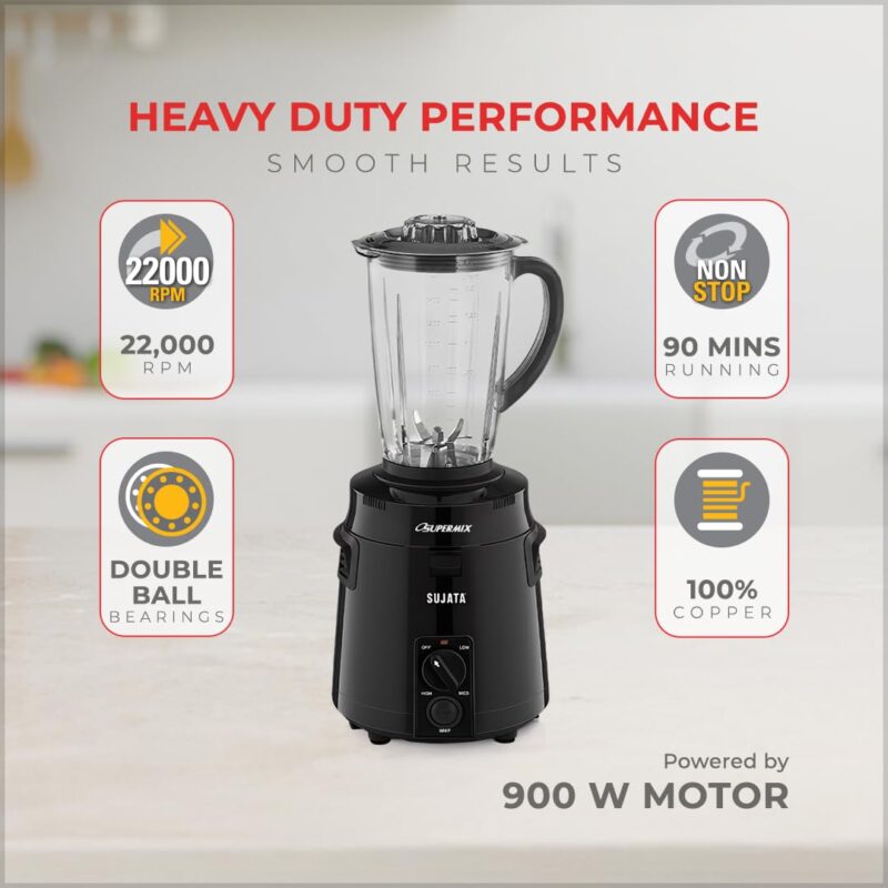Sujata Supermix Mixer Grinder | 900 Watts Double Ball Bearing Motor | 22000 RPM | Non-Stop 90 Mins Running | 3 Jars including 1750ml Blender, 1000ml Grinder, 500ml Chutney Jar | Black - Image 3
