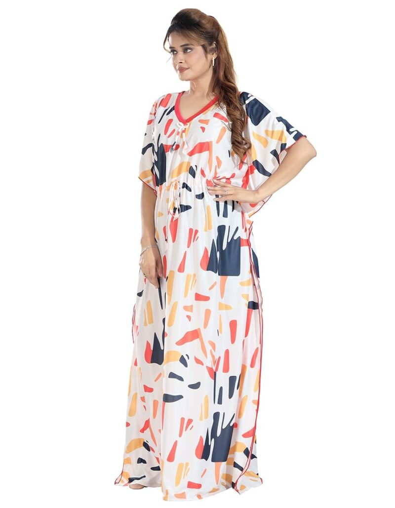 Gutthi Kaftan Printed Cotton Maxi Dress/Nighty/Nightdress for Ladies/Girls/Women | Free Size (White) - Image 3