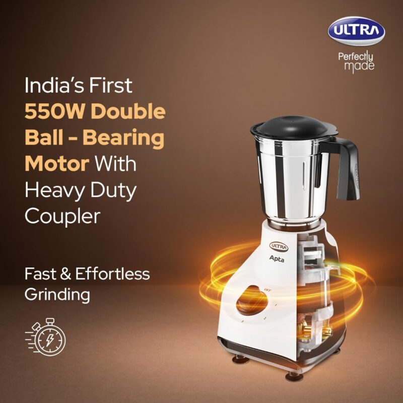 Ultra Apta Mixer Grinder - Double Ball-Bearing Motor 550W, 4 SS Jars -White - Image 2
