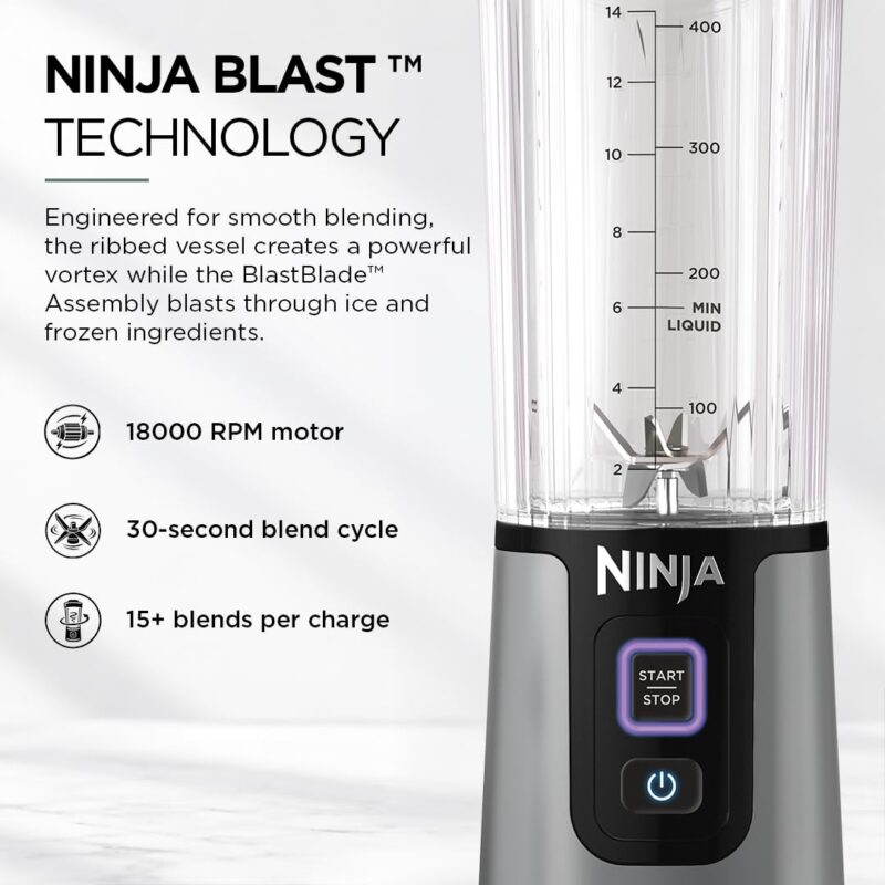 Ninja Blast Portable Cordless Blender (BC151INBK) – 530ml | USB-C Rechargeable | Crushes Ice & Frozen Fruit | BPA Free, Leak-Proof Travel Lid - Image 4