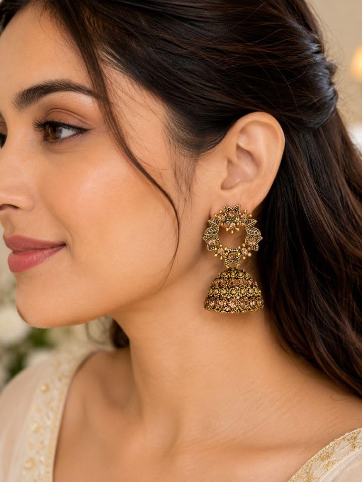 Floral Stone Jhumka Earrings for Women, Round Floral Gold Tone, Vintage Stone Dome Jhumka Earrings, Antique Gold Plated Traditional Ethnic Designer - Image 2