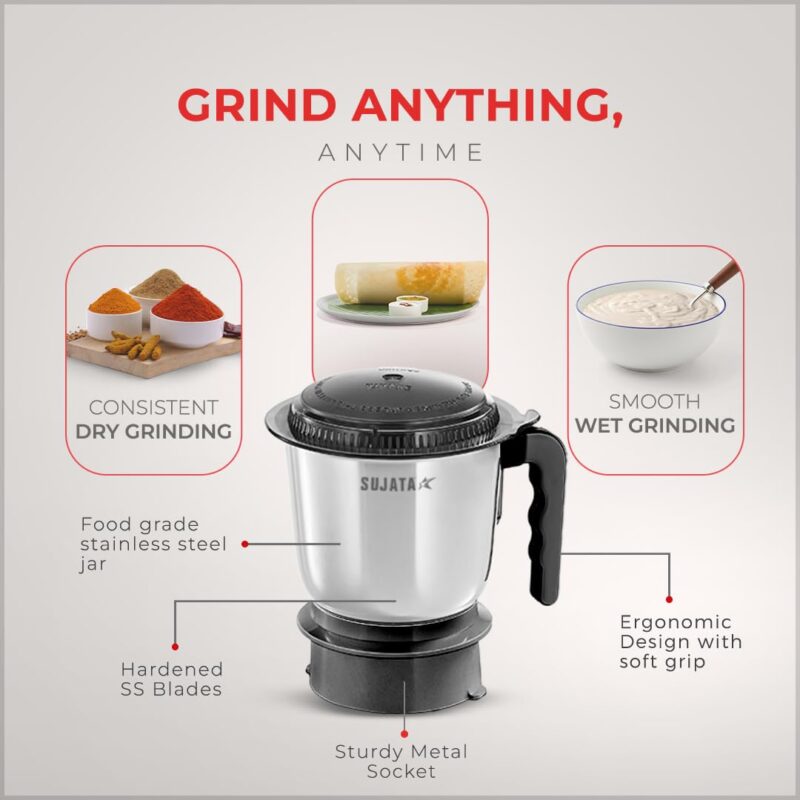 Sujata Supermix Mixer Grinder | 900 Watts Double Ball Bearing Motor | 22000 RPM | Non-Stop 90 Mins Running | 3 Jars including 1750ml Blender, 1000ml Grinder, 500ml Chutney Jar | Black - Image 5