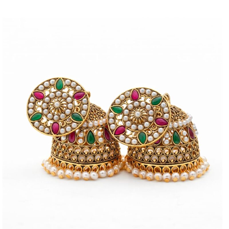 Gold Plated Kundan Jhumka Earrings for Women Traditional Indian Ethnic Dome Earrings with Pearl Beads Red Green Stones Bridal Festive Party, Pack of 1 - Image 4