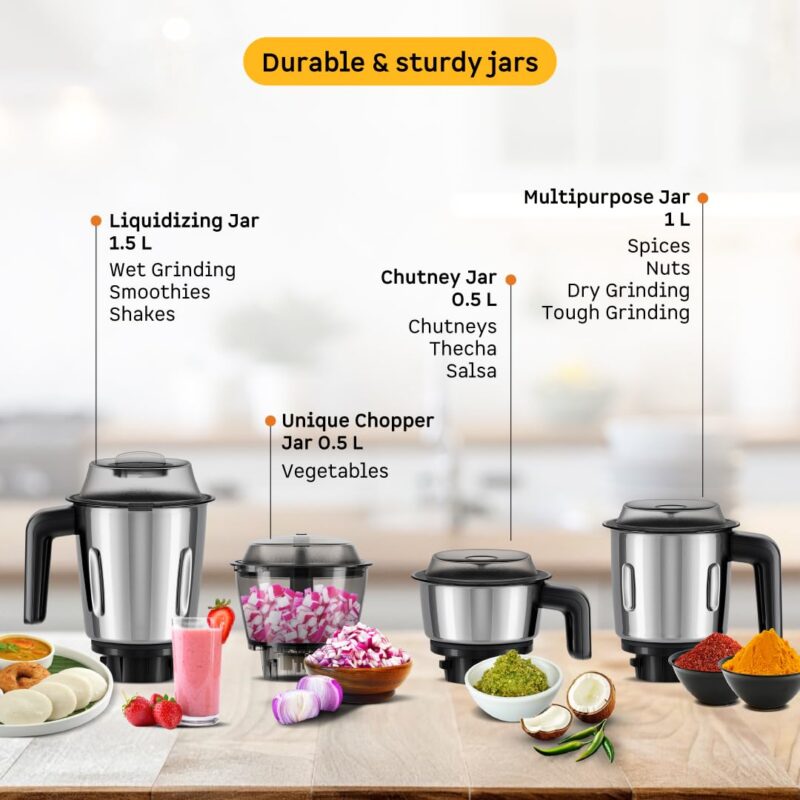 Atomberg Yulia 750 Watt Mixer Grinder | 4 Multipurpose Jars including Chopper Jar | Coarse Mode for Silbatta-like Textures | Powerful Intelligent Motor | Advanced Safety Features | Gloss Black - Image 4