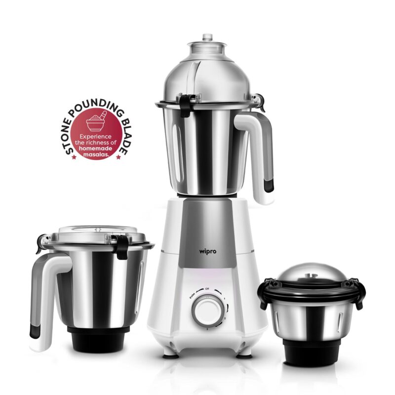 Wipro Elato Divine FMG 212 800 Watt Mixer Grinder with 3 Jars, Heavy Duty 100% Copper Ball Bearing Motor with 5 Year Warranty,Superfast Grinding, Clip Lids - Hands Free use,3 Jars Mixer Grinder, White - Image 2