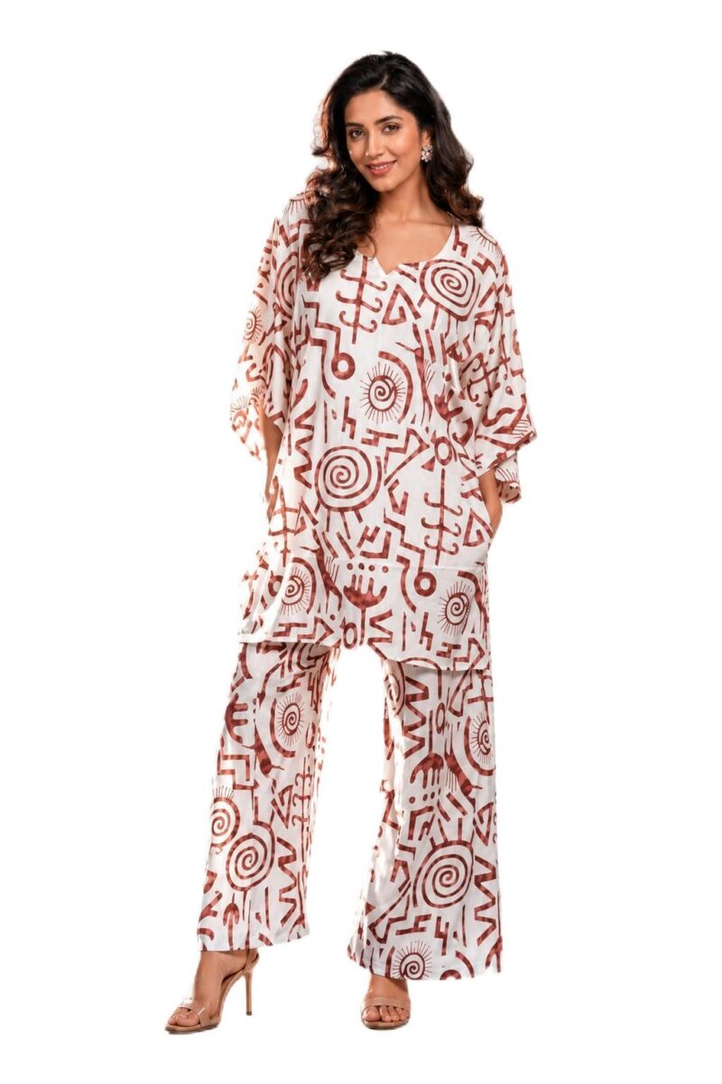 Cotton Printed Kaftan Co-Ord Set Free Size | MAROON Abstract Geometric Print Kaftan Top with Palazzo Pants | Free Size Relaxed Fit Lounge Wear, Travel Wear & Resort Wear for Women