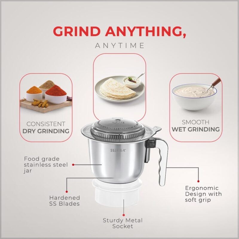 Sujata Dynamix 900 Watts Mixer Grinder | 22000 Rotations Per Min | 90 Minutes Continuous Running | 3 Versatile Jars 1500 ml, 1000 ml and 500 ml (White) - Image 5