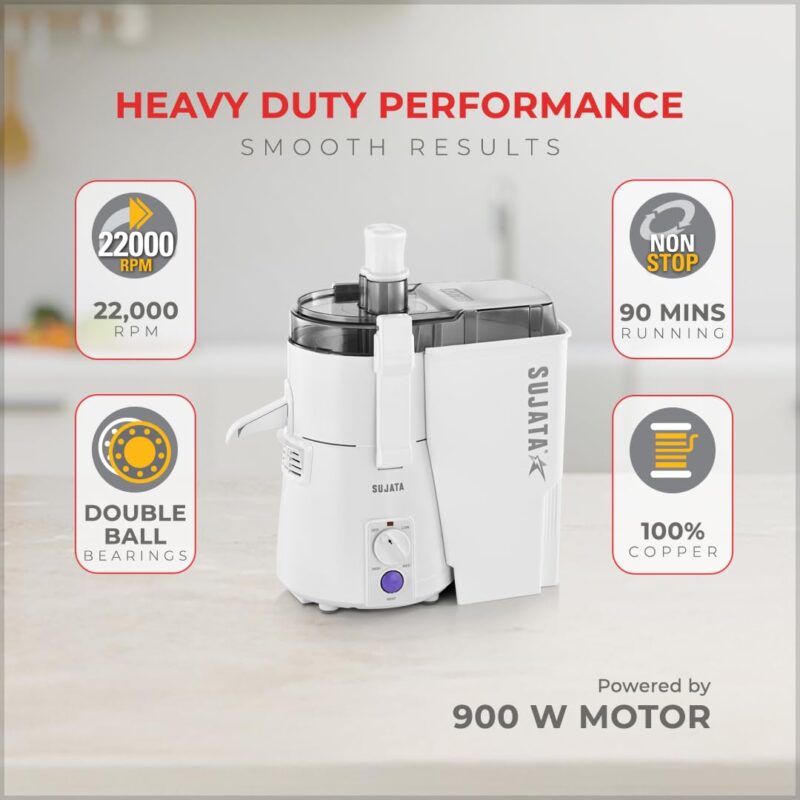 Sujata Multimix Juicer Mixer Grinder|900 Watts Double Ball Bearing Motor|22000 RPM|Non-Stop 90 Mins Running|3 Jars including 1750ml Blender with Coconut Milk Extractor,1000ml, 500ml Jar| (White) - Image 3