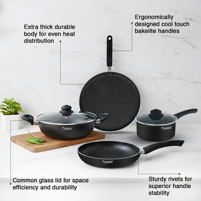 Prestige Omega Granite Aluminium Kitchen Set, 4-Pieces, Black - Image 5