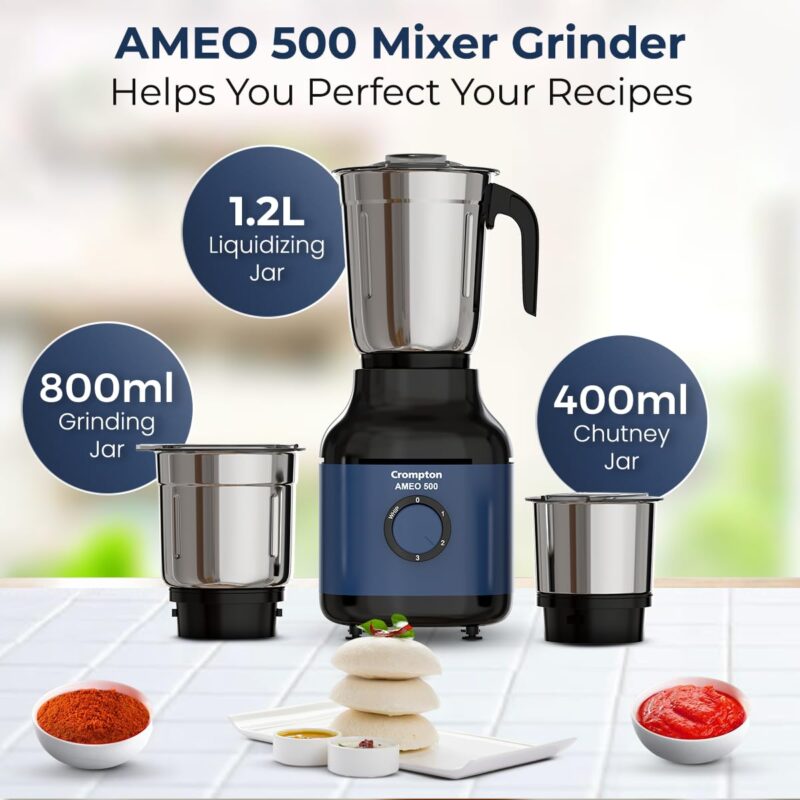 Crompton Ameo 500W Mixer Grinder with Powertron Motor & Motor Vent-X Technology, Robust design (3 Stainless Steel Jars, Blue and Black) - Image 8