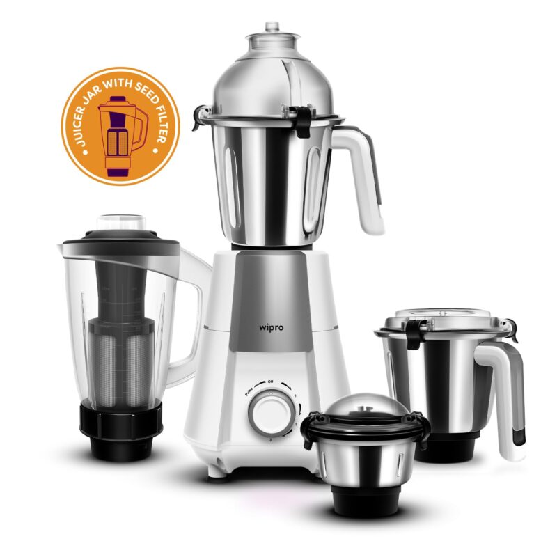 Wipro Elato Divine FMG 213 800 Watt Mixer Grinder with 4 Jars,Heavy Duty 100% Copper Ball Bearing Motor with 5 Year Warranty,Superfast Grinding,Clip Lids - Hands Free use, 4 Jars Mixer Grinder, White - Image 2