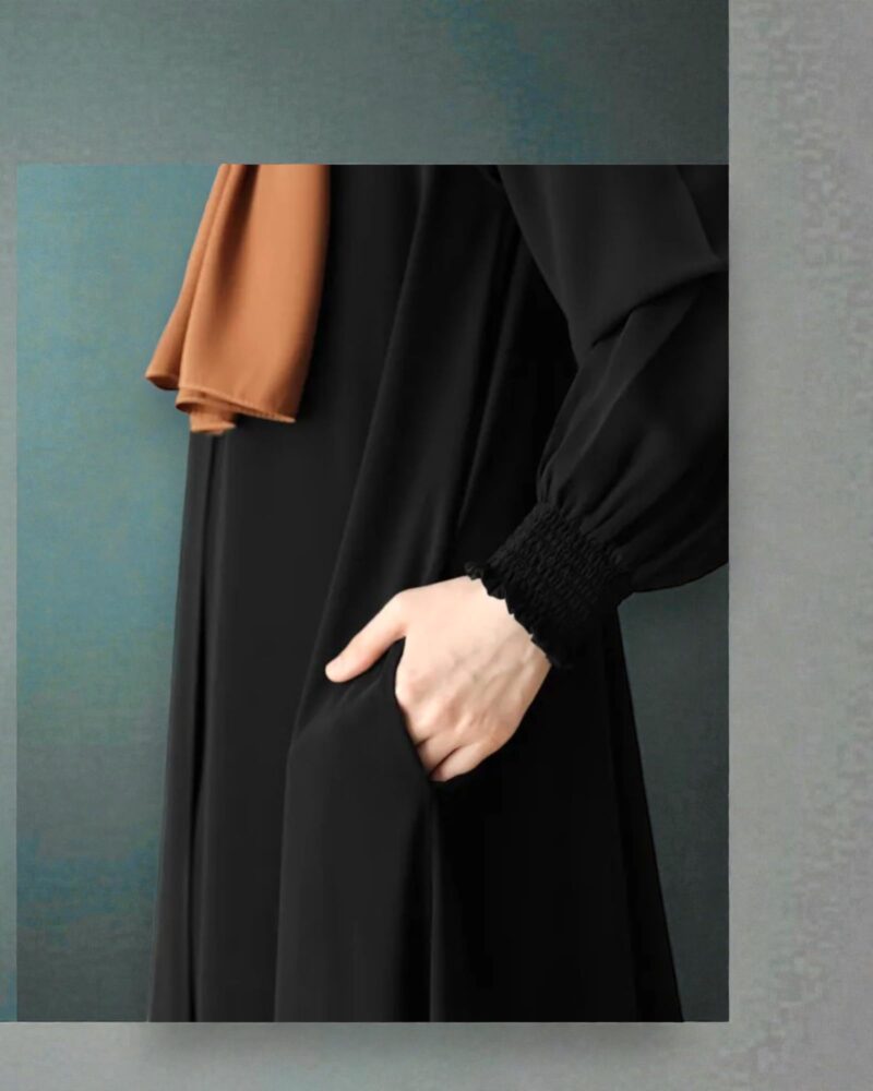 Bashariya Front Open Zipper Abaya for Women in Firdaus Fabric | Smocking Sleeves | Modest Islamic Dress with Belt & Matching Hijab | Elegant Free Size Kaftan Style Abaya-(BLACK-XL) - Image 3
