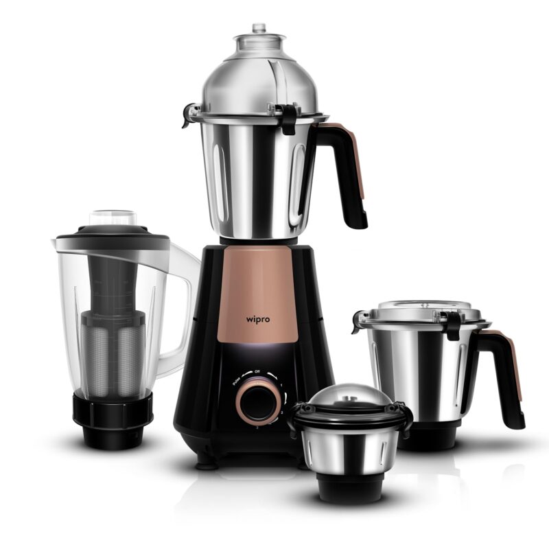 Wipro Elato Divine FMG 215 800 Watt Mixer Grinder with 4 Jars,Heavy Duty 100% Copper Ball Bearing Motor with 5 Year Warranty,Superfast Grinding,Clip Lids - Hands Free use, 4 Jars Mixer Grinder,Black