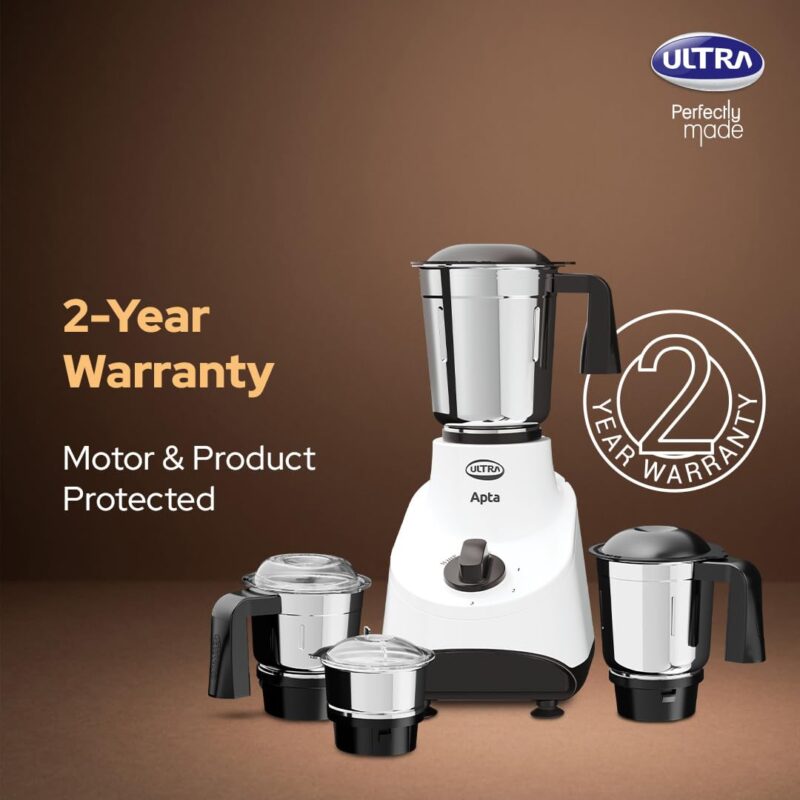Ultra Apta Mixer Grinder - Double Ball-Bearing Motor 550W, 4 SS Jars -White - Image 6