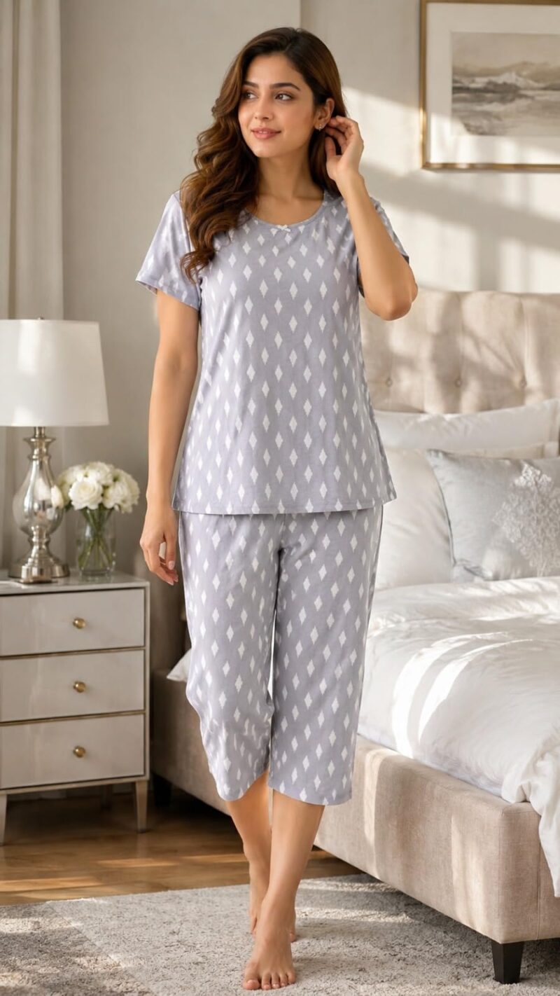 Evolove & Venus Pure Double Cloth Night Suit Set for Women | Printed Short Sleeve Sleep Top & Capri Pajama Set | Comfortable Nightwear Loungewear & Sleepwear Set | Light Grey Large - Image 7
