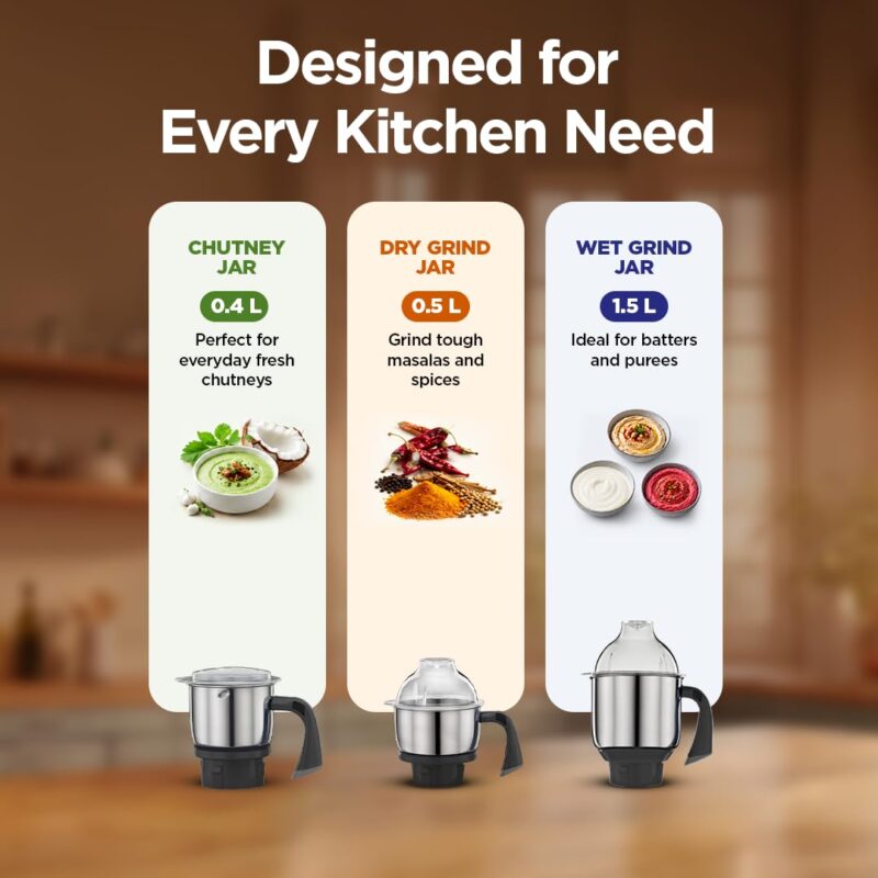 Preethi Blue Leaf Diamond Mixer Grinder, 750 Watt 3 Jars + Flexi Lid, Black - Image 3