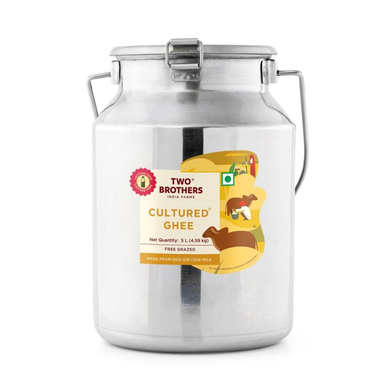 Two Brothers Pure Desi Gir Cow Cultured Ghee 5L | Free-grazed Desi Gir Cows | Bilona Method | Farm-Made with Probiotics for Gut Health | India's only Certified Glyphosate-Free ghee