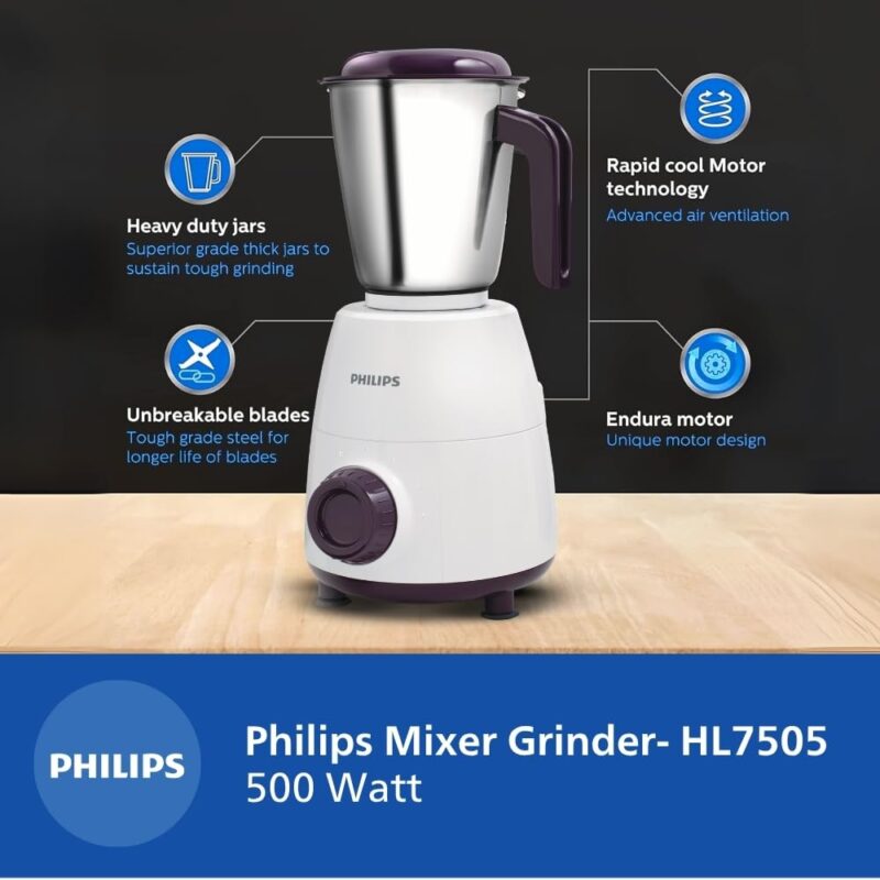 PHILIPS HL7505 500W Mixer Grinder (White and Purple) - Image 2