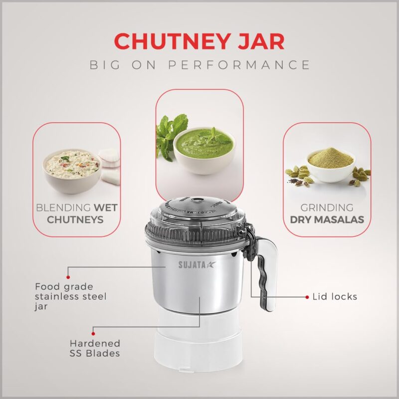 Sujata Powermatic Maxima Juicer Mixer Grinder|900 Watts Double Ball Bearing Motor|22000 RPM|Non-Stop 90 Mins Running|3 Jars including 1750ml Blender, 1000ml Grinder, 500ml Chutney Jar| (White) - Image 7