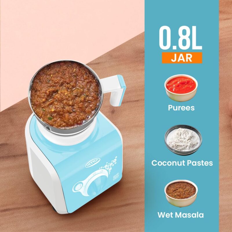 Stealth Elite MixerGrinder,750W,AISI304 FoodGradeSSJars &Blades,Serrated Stainless Steel Blades,ABS Body,3Jars Small (0.5L),Medium (0.8L), Large(1.5L),5Year MotorWarranty(Granite Black) (SKY BLUE) - Image 4