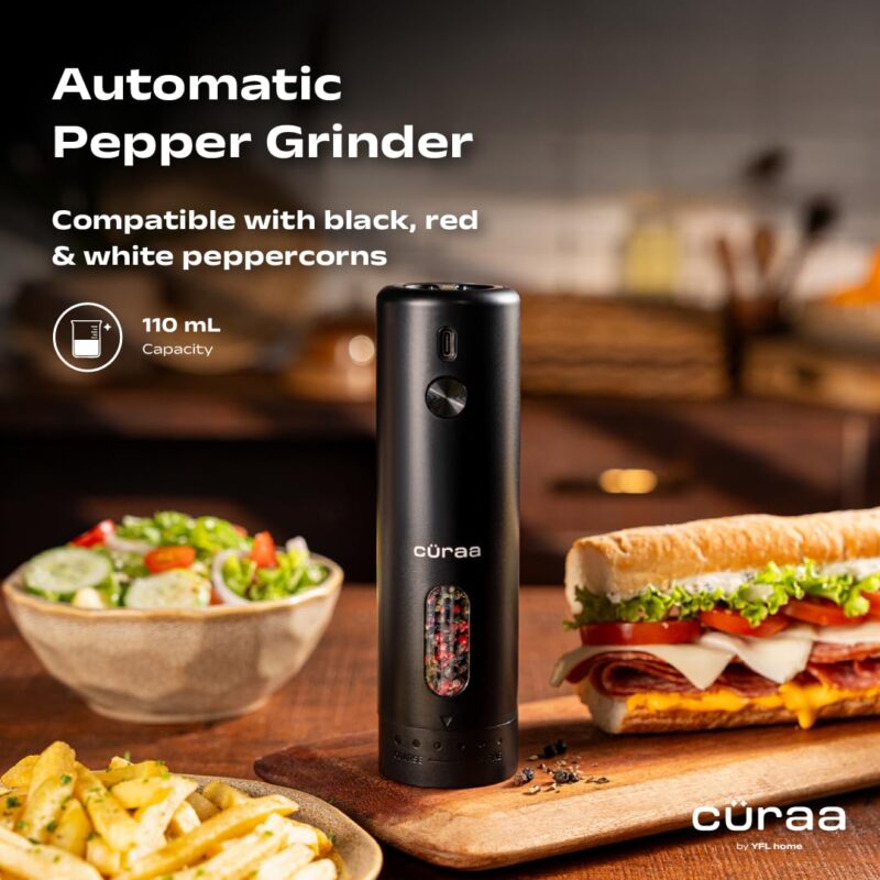 CÜRAA Electric Pepper Grinder with Adjustable Coarseness for Precision Seasoning | Rechargeable, One-Hand Operation | Automatic Pepper Mill for Kitchen | By Chef Sanjyot Keer - Image 7
