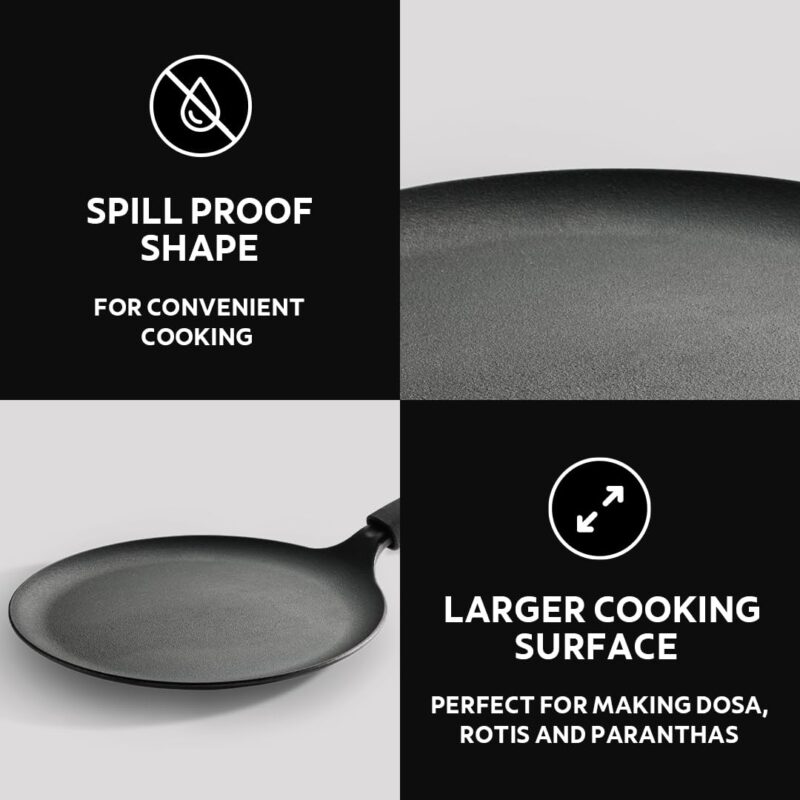 TRAMONTINA TITANEX 24cm Pre-Seasoned Cast Iron Dosa Tawa | Flat Surface with Raised Edges | for Dosa, Uttapam, Cheela, Paratha | Induction & Gas Compatible | Non-Slip Handle - Image 5
