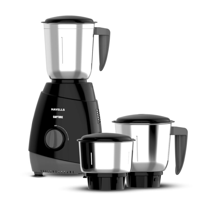 Havells Capture 500W Mixer Grinder 3 Stainless Steel Jars | 21000 RPM High-Speed Motor | Rust-Resistant 304 SS Blades | 1.5L Large Blending Jar | Overheat Protection | 1-Year Warranty (Black)