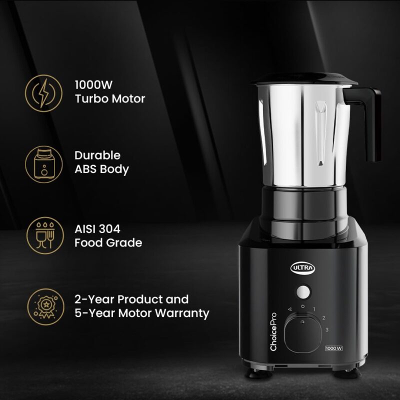 Ultra Choice Pro Mixer Grinder, Fast & Heavy-Duty 1000W, 3 SS Jars - Black - Image 2