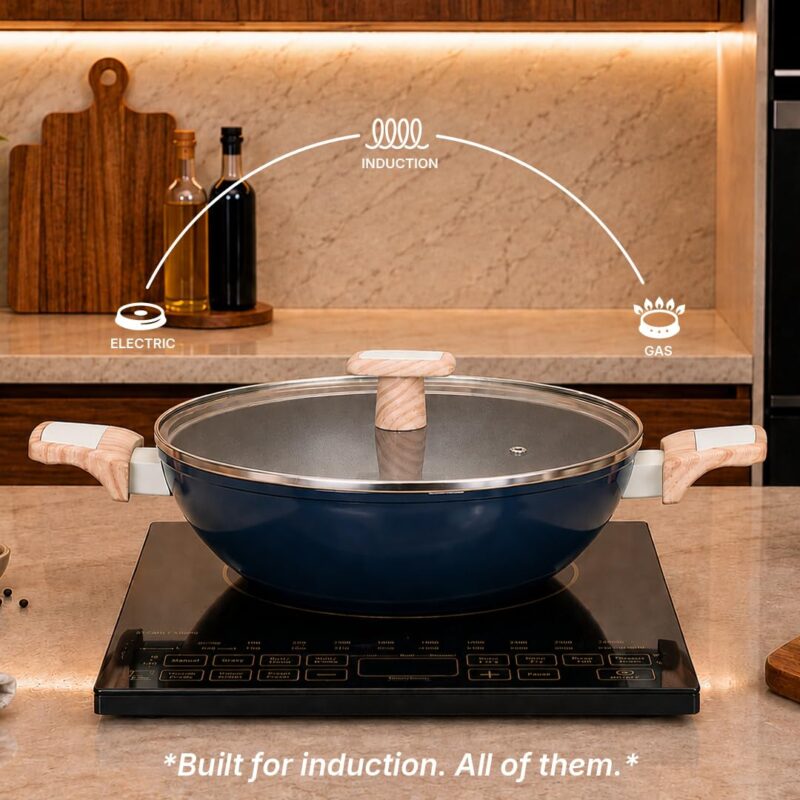 Kreme Ceracook Ceramic Coated Granite 8 Pc Cookware Gift Set Casserole, Frying Pan, Kadai, Sauce Pan, 2 Spatulas, ISI Certified, Gas & Induction, PFAS & PTFE Free 1 Yr Warranty, Ocean Deep Blue - Image 5