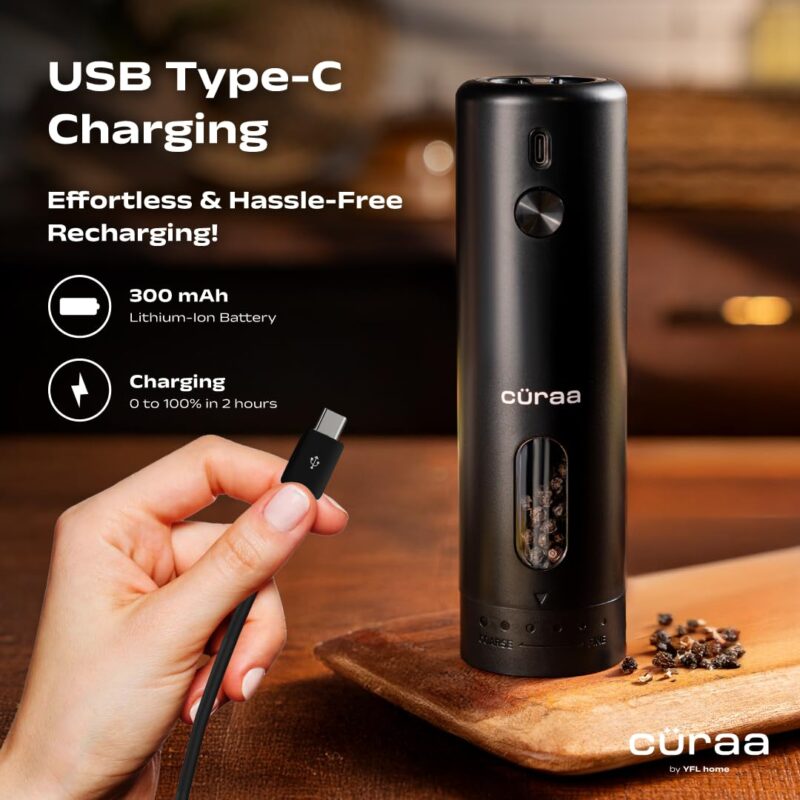 CÜRAA Electric Pepper Grinder with Adjustable Coarseness for Precision Seasoning | Rechargeable, One-Hand Operation | Automatic Pepper Mill for Kitchen | By Chef Sanjyot Keer - Image 6