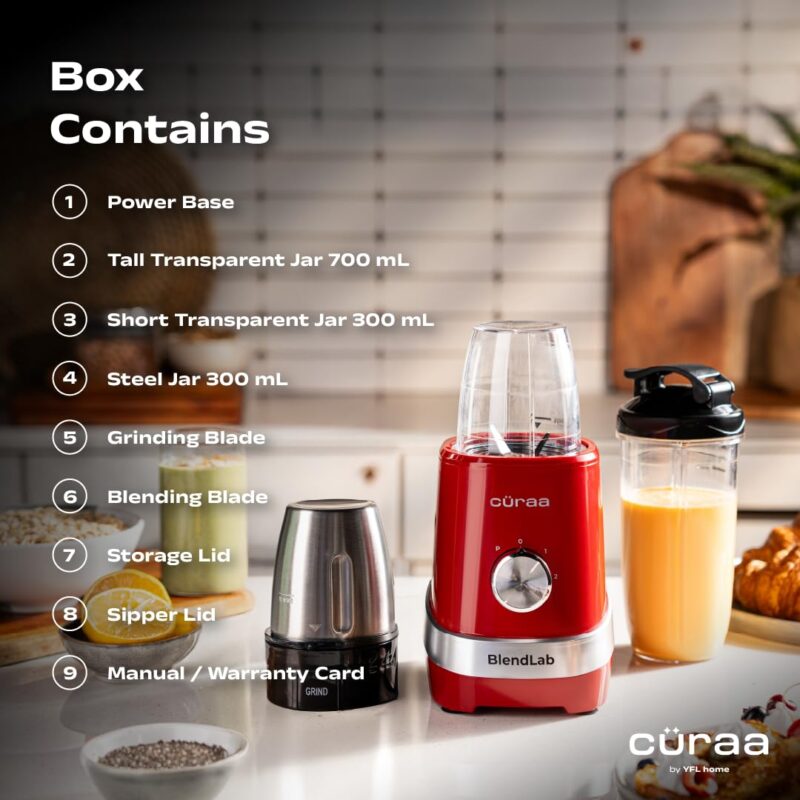 CÜRAA Blender Mixer Grinder | BlendLab by Chef Sanjyot Keer | Stainless Steel Jar | 2-Speed with Pulse | Dry & Wet Grinding | 100% Copper Motor | Smoothies, Masala & Chutney | 2 Year Warranty - Image 9