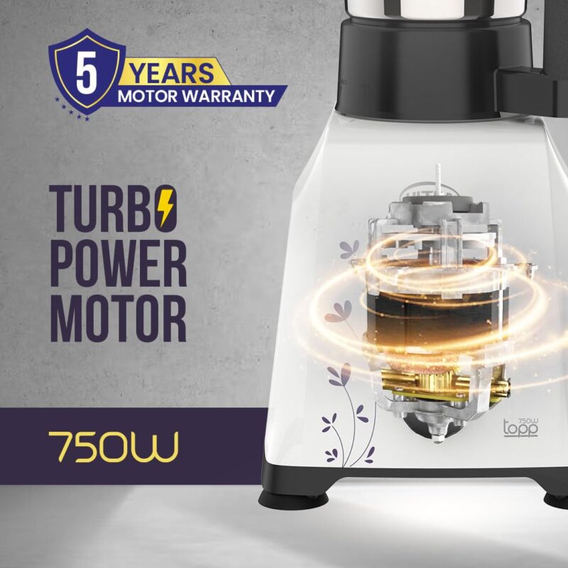 UltraToppMixergrinderfor Superfastgrinding,High Speed,750 Watts,SafetyLocksystem, AISI 304Food GradeStainlessSteelJars,3Jars ABS Body,SerratedbladesCylindricalJars,5YearWarrantyonMotors.(White). - Image 3