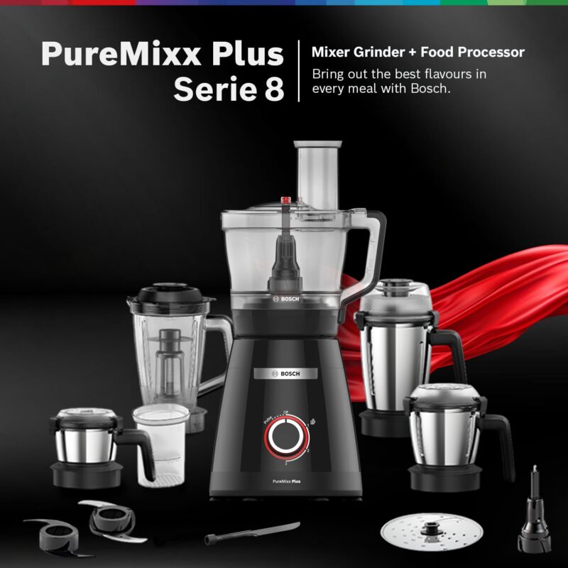 Bosch PureMixx Plus 800W Mixer Grinder & Food Processor with 5 Jars, 40+ Functions, Atta Kneading, Chopping, Slicing, Coarse Grinding, Hands-Free Operation, 7-Year Motor Warranty, Black - Image 2