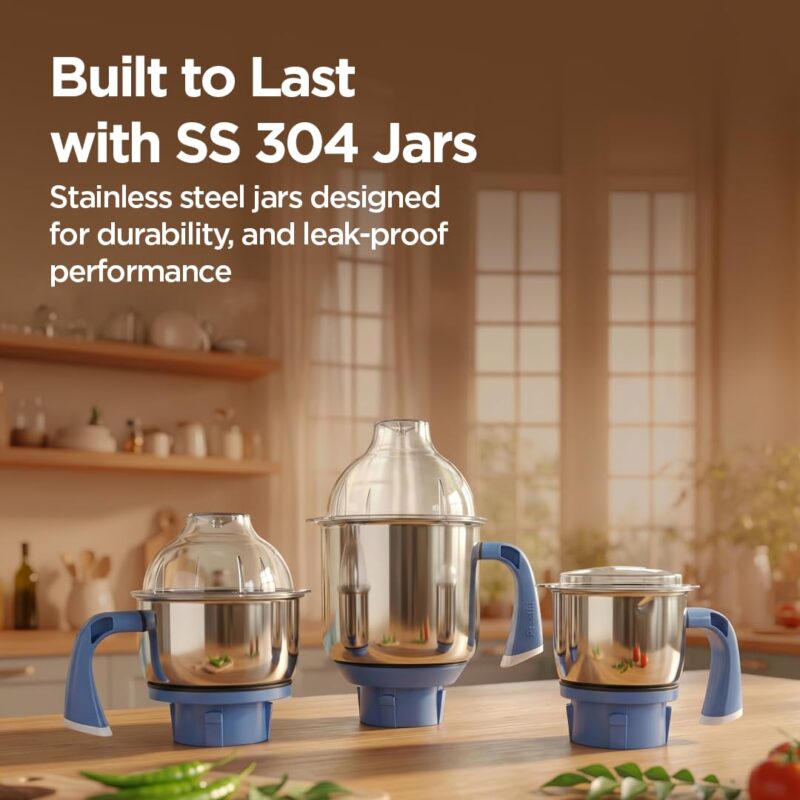 Preethi Blue Leaf Diamond Mixer Grinder, 750 Watt 3 Jars + Flexi Lid, White - Image 5