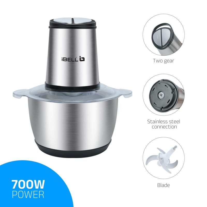 IBELL MT200SPRO Electric Chopper with 2-Yr Warranty, 700W Powerful Motor, 2L SS Bowl, Multipurpose Food Processor for Meat, Vegetables, Fruits & Nuts, with Garlic Peeler & Egg Whisker (Silver). - Image 3
