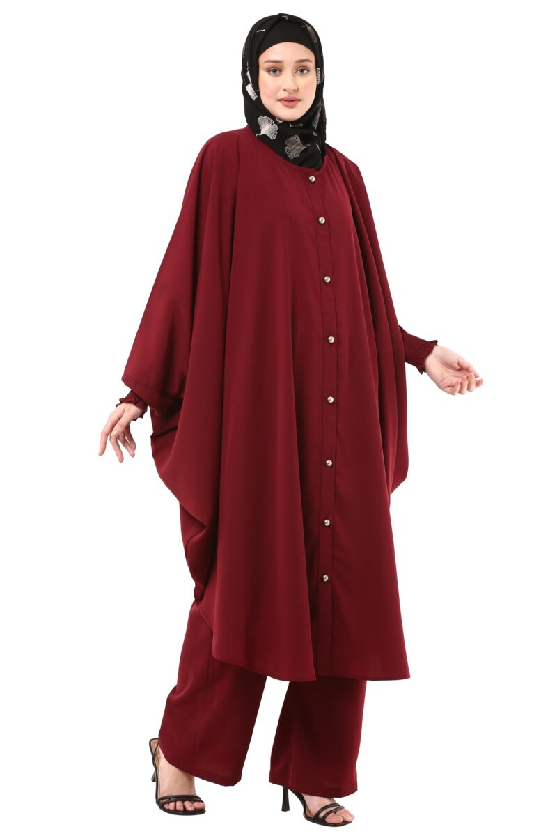 BT - Being Traditional Modest Co-Ord Set for Women - Loose Fit Front Open Free Size Kaftan Top with Trouser (Top: Free Size | Trouser: Large, Maroon) - Image 7