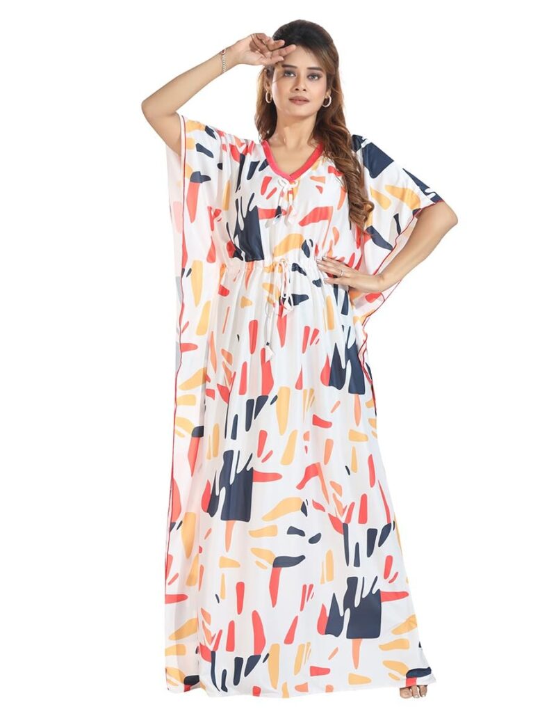 Gutthi Kaftan Printed Cotton Maxi Dress/Nighty/Nightdress for Ladies/Girls/Women | Free Size (White)