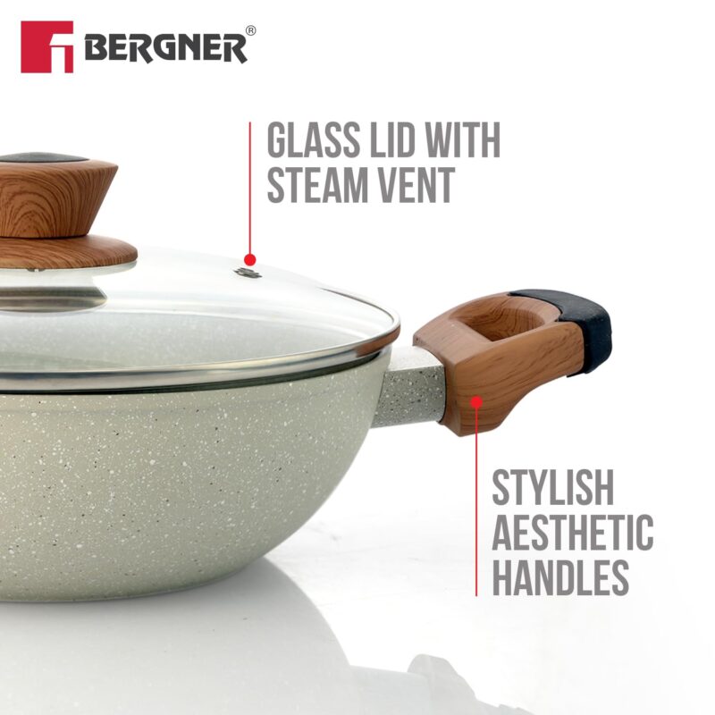 BERGNER Ivory Granite Non-Stick 24cm (2.5L) Kadai with Glass Lid, 3-Layer Marble Healthy Coating, Rivetless Soft Touch Handles, PFOA Free, Less Oil, Forged Aluminium - Induction and Gas Stove Ready - Image 6