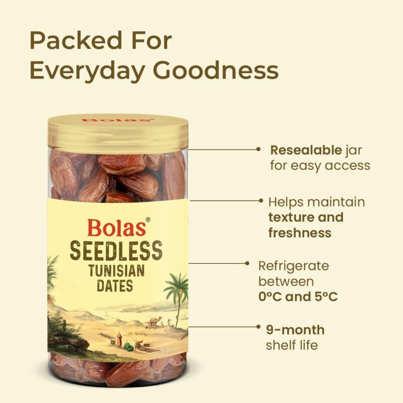 Bolas Seedless Tunisian Dates 400g | Khajur/Khajoor | Naturally Sweet | No Added Sugar | No Preservatives | Rich in Fibre & Vitamins | Healthy Snack - Image 6