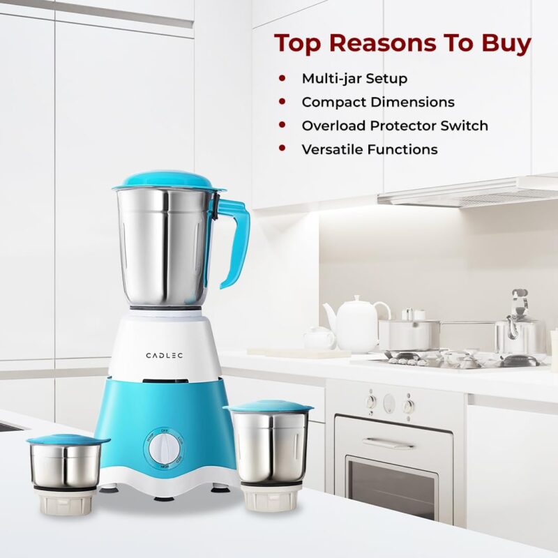 CADLEC Jarsphere 750 Watt Mixer Grinder with 4 Jars | Powerful Motor for Wet & Dry Grinding, Chutney, Mixing & Juicing | Multi-Purpose Mixer Grinder for Kitchen | 2-Year Warranty | Blue & White - Image 7