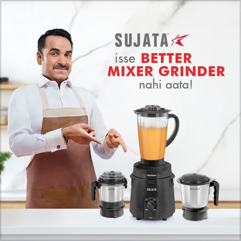 Sujata Supermix Mixer Grinder | 900 Watts Double Ball Bearing Motor | 22000 RPM | Non-Stop 90 Mins Running | 3 Jars including 1750ml Blender, 1000ml Grinder, 500ml Chutney Jar | Black - Image 7