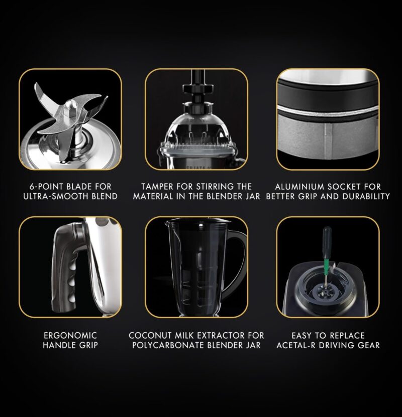 Sujata MG03 Mixer Grinder|1000 Watts Double Ball Bearing Motor Polycarbonate|24000 RPM|Non-Stop 90 Mins|4 Jars including 1750ml Blender with Coconut Milk Extractor, 1500ml, 1000ml, 500ml Jar| (Black) - Image 3