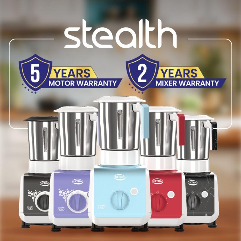 Stealth Elite MixerGrinder,750W,AISI304 FoodGradeSSJars &Blades,Serrated Stainless Steel Blades,ABS Body,3Jars Small (0.5L),Medium (0.8L), Large(1.5L),5Year MotorWarranty(Granite Black) (SKY BLUE) - Image 9