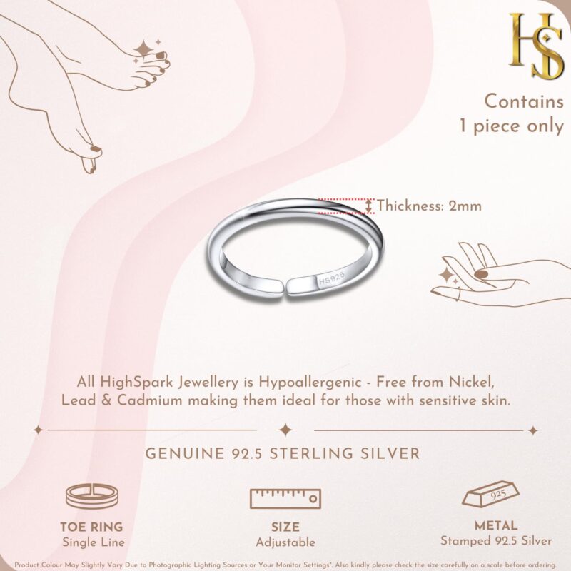 HighSpark Silver Toe Ring for Women | 92.5 Sterling Silver Hypoallergenic Adjustable Toe Rings | Minimal & Elegant Designs - Single Line - Image 2