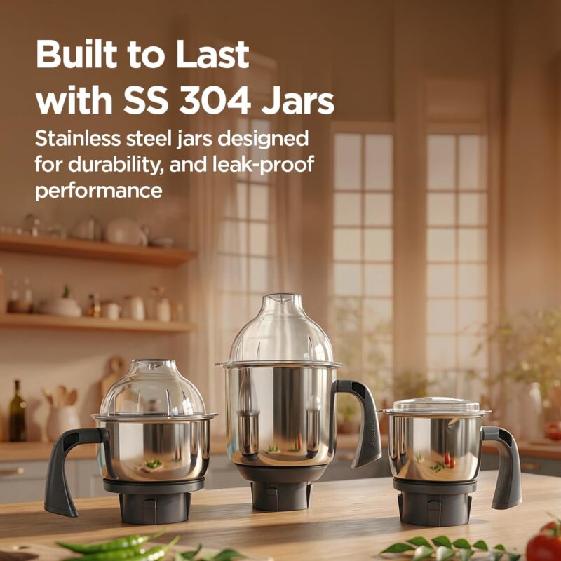 Preethi Blue Leaf Diamond Mixer Grinder, 750 Watt 3 Jars + Flexi Lid, Black - Image 4