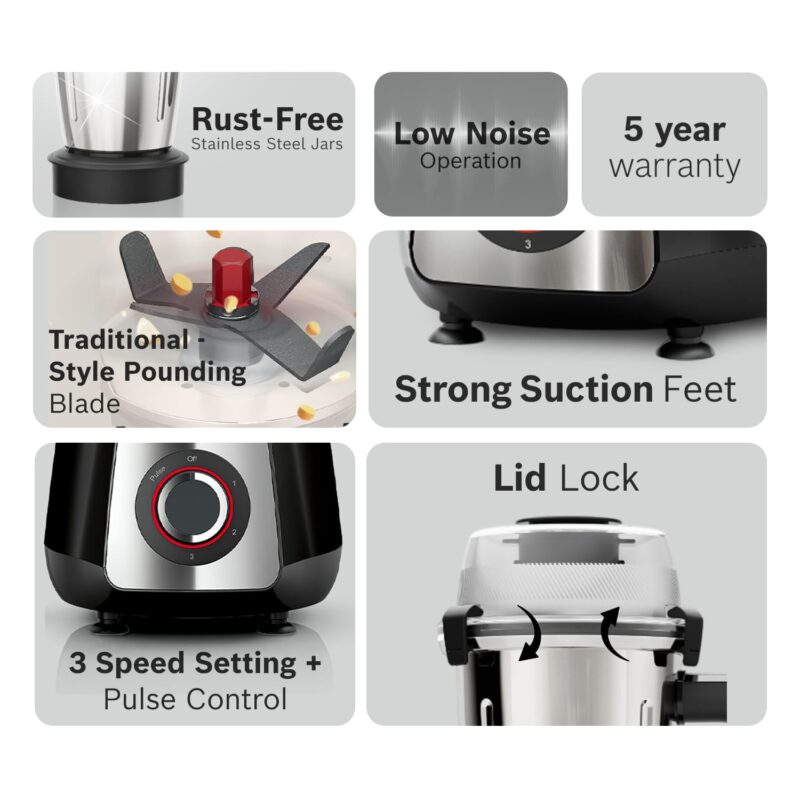 Bosch TrueMixx Pro 1100W Mixer Grinder | German Engineering for Precision Grinding | 5 Jars including Blend & Carry Jar | Hands-Free Operation with Lid Locks | 5 Year Motor Warranty 【MG8915A1KI】 - Image 7