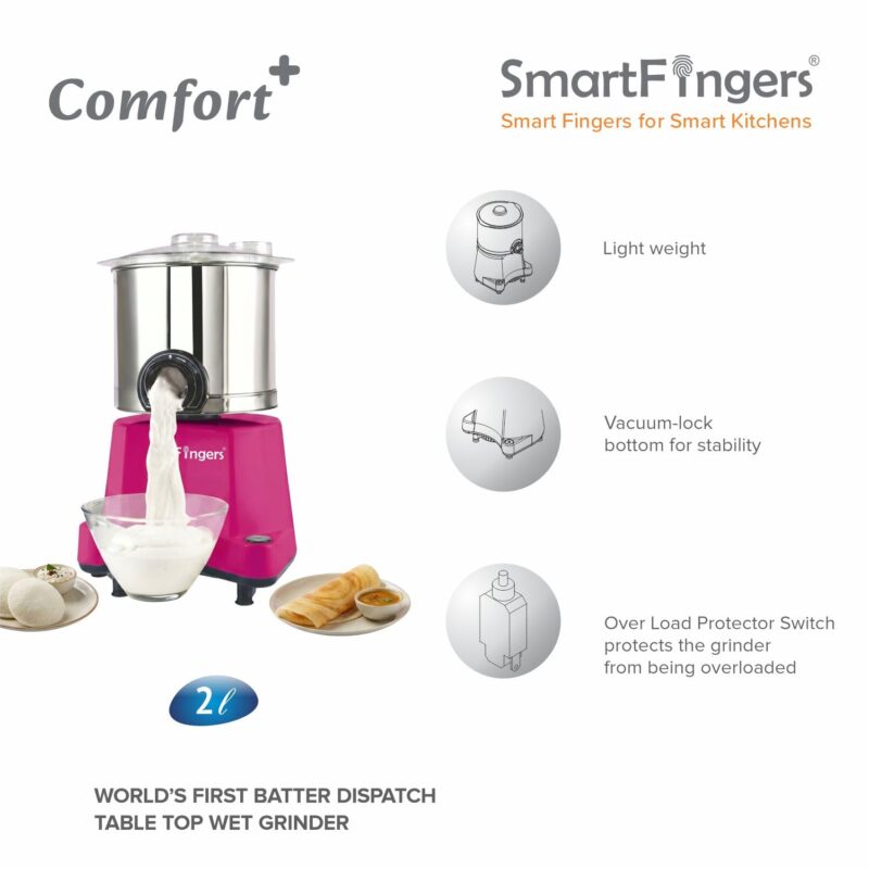 SmartFingers Comfort + Table Top Wet Grinder 230V, 2 Liter, Pink with Coconut Scrapper & Atta Kneader Attachment | Hands-Free Batter Dispenser | Top Wiper, 150W Motor | 5 Years Warranty | AISI 304 - Image 5