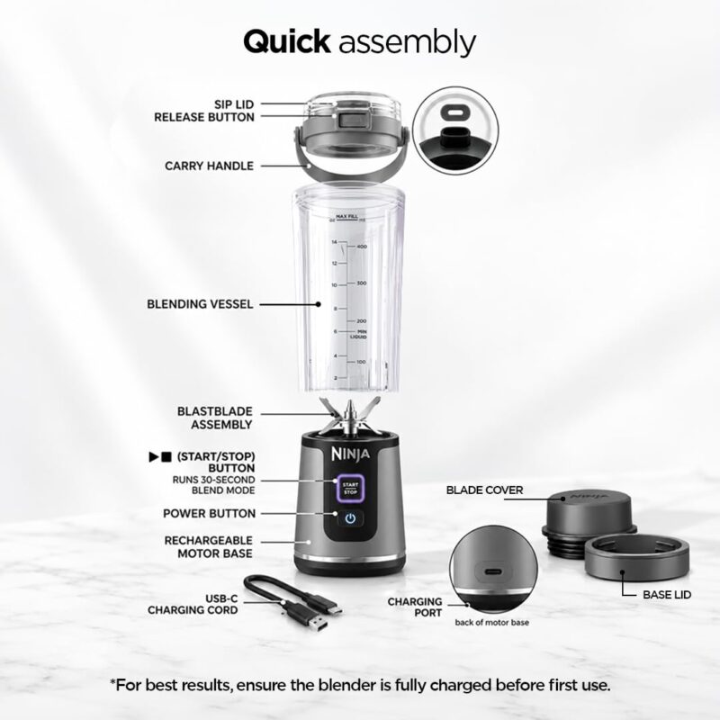 Ninja Blast Portable Cordless Blender (BC151INBK) – 530ml | USB-C Rechargeable | Crushes Ice & Frozen Fruit | BPA Free, Leak-Proof Travel Lid - Image 6